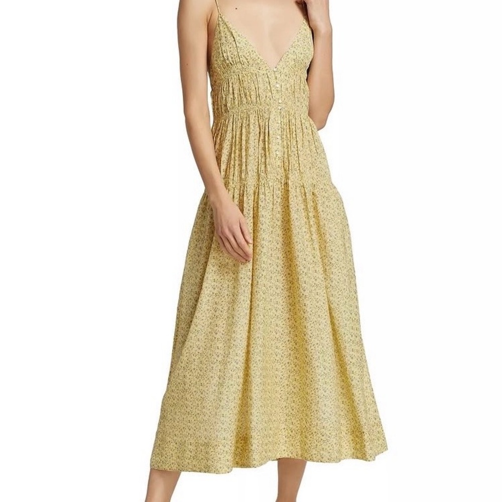 Doen Irina Dress - Pale Yellow Floral V-Neck Spaghetti-Strap Midi Dress